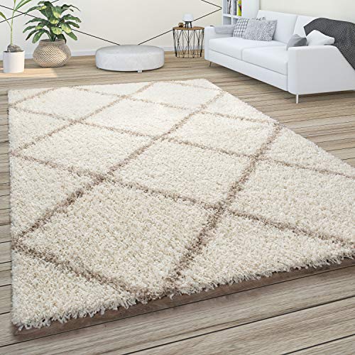 Alfombra De Pelo Largo, Suave Salón Shaggy Estilo Escandinavo Motivo De Rombos, tamaño:160x220 cm, Color:Crema Beige