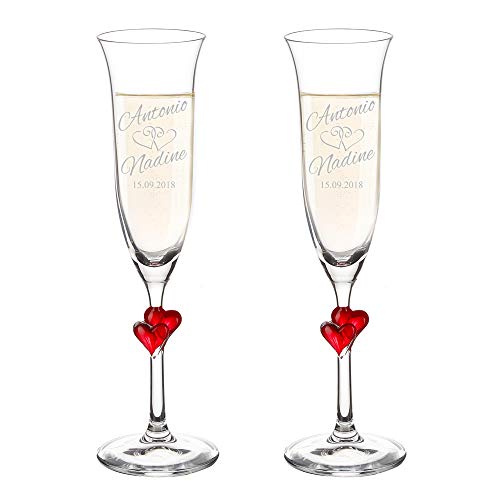 AMAVEL Copas de Champán con Grabado Personalizado y Corazones Rojos Set para Boda Motivo Corazones Altura 24,2 cm