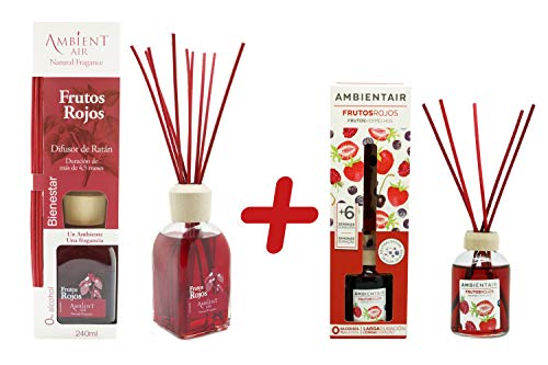 Ambientair. Difusor de varillas perfumadas Frutos Rojos 240ml + 50ml. Difusor sin alcohol con palitos de ratán. El mejor ambientador para la casa. Difusor para cocina y baño.