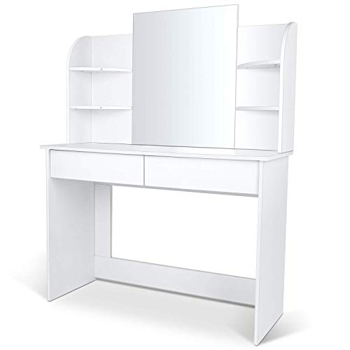 amzdeal Tocador Mesa de Maquillaje con Espejo Grande,140x108x40cm,sin Taburete, Tocador Moderno con 2 Cajones y 6 Estantes (Blanco)