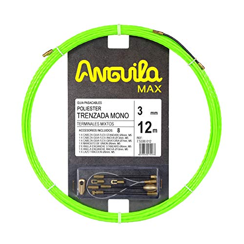 ANGUILA MAX 75330012 Guía pasacables Especial Tubos Estrechos Poliéster Trenzada Monofilamento 3mm 12 Metros y terminales Mixtos, Verde