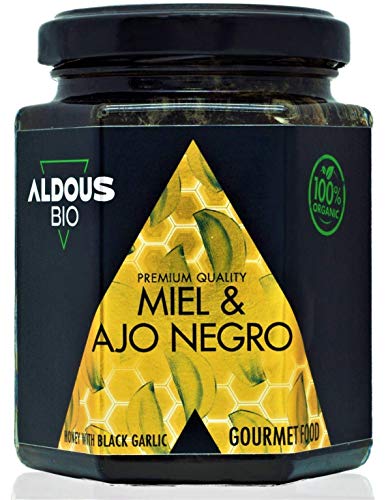 Auténtica Miel Ecológica con Ajo Negro Ecológico | Producto Gourmet | 100% Natural y Artesanal | Sin Azúcar Añadido | Producida en España | Certificación ecológica oficial (240g)