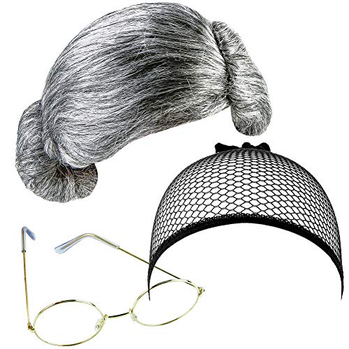 BETOY Old Lady Costume, Peluca Gris Abuela Peluca Granny Gafas Señora Mayor Gorra de Peluca Comúnmente Utilizado para Personas Mayores, Maestros, Cosplay, Accesorios de Rendimiento, Fiestas Temáticas