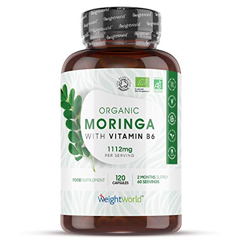 Bio Moringa Oleifera Orgánica Pura Alta Dosis 1112 mg 120 Cápsulas - Fuente de Vitaminas, Minerales y Antioxidantes, Moringa Cápsulas Pura Enriquecida Con Vitamina B6, Suministro para 2 Meses