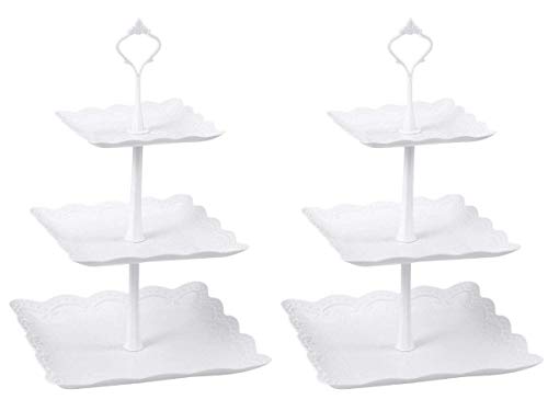 Candora - Juego de 3 soportes cuadrados de plástico para tartas, de imitación de cerámica, de 15,24 cm, 20,32 cm y 25,4 cm, para servir alimentos y postres (2 juegos)