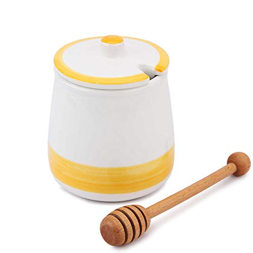 Chase Chic Tarro de Miel, Tarro de Miel de Cerámica con Tapa y Cazo de Madera para Cocina Casera, 13,3 onzas, Recipiente de Porcelana para Miel para Almacenamiento (Amarillo)