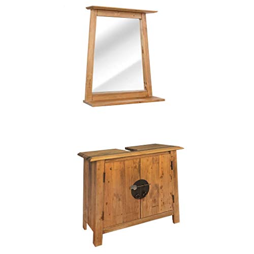 Cikonielf Mueble bajo lavabo con espejo, juego de muebles para el baño de madera maciza de pino reciclado, mueble bajo lavabo con amplio compartimento, estilo vintage, fácil de montar