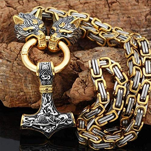 Collar Vikingo Para Hombre En Acero De Titanio Macizo, Joyería étnica De La Mitología Vikinga, Cadena De Rey Cuadrada De Oro Y Plata Con Cabeza Lobo Y Amuleto Colgante De Martillo De Thor,B,50cm