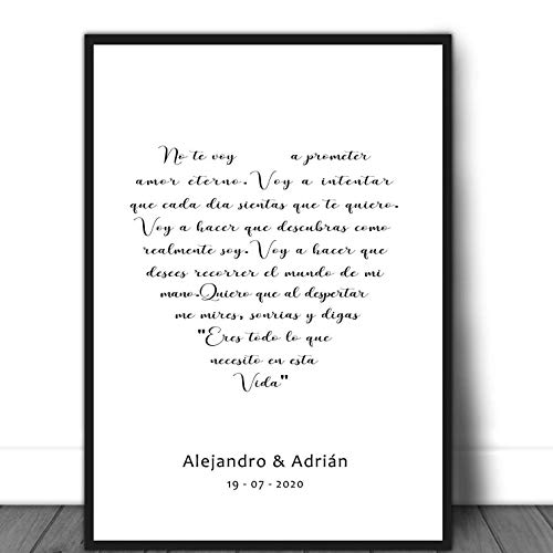 Cuadro personalizado con frase de amor. Marco incluido. San Valentín. Elige tamaño, color del marco y modelo. Boda, Novios, Regalo original parejas. Hecho en España.