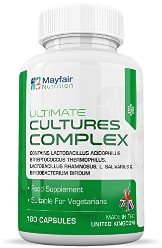 Cultures Complex | 180 Comprimidos | Lactobacilos y acidófilos | Vegetariano | No GMO. Sin gluten | 6 meses | Hecho en el Reino Unido por Mayfair Nutrition