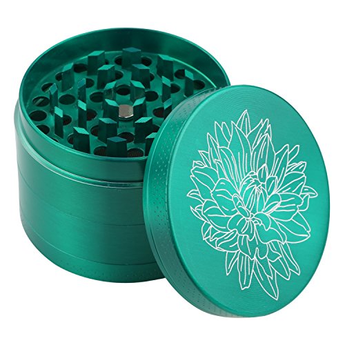 DCOU Nuevo Diseño Premium Zinc Aleación molinillo de hierbas 2.2 pulgadas 4 piezas de molienda de metal con Catcher de polen con flor tallada (Verde)