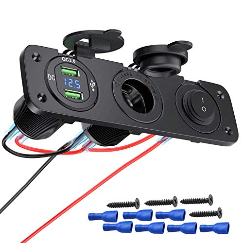 Deyooxi 3-en-1 Toma de Corriente de Panel multifunción Cargador Coche con LED Dual de Toma USB QC 3.0,Encendedor de Cigarrillos,Panel para Interruptores para Interruptores para Marina,Barco,Camión