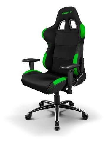 Drift DR100BG - Silla Gaming profesional, tela, reposabrazos 2D, piston clase 4, asiento basculante, altura regulable, respaldo reclinable, cojines lumbar y cervical, color negro/verde
