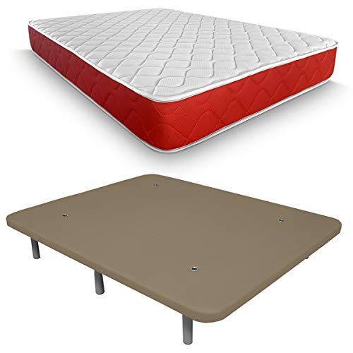 Duérmete Online Colchón Viscoelástico Lite Reversible + Base Tapizada 3D Reforzada 5 Barras de Refuerzo con 6 Patas, Madera, Beige, 135x190