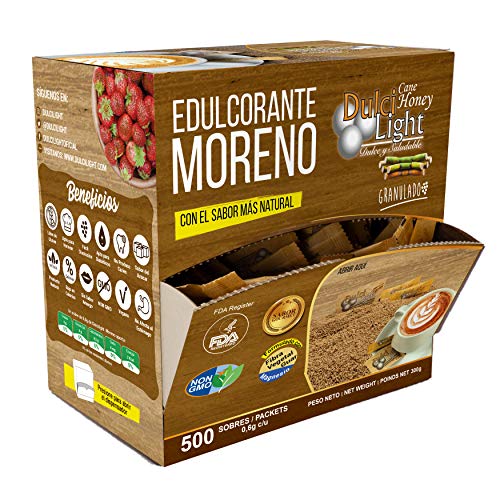 DULCI LIGHT DULCE Y FAVORABLE MIEL DE CAÑA MORENO EDULCORANTE GRANULADO NATURAL de azúcar de caña integral con el sabor del azúcar Moreno integral o panela 500+100 TOTAL 600 Sobres