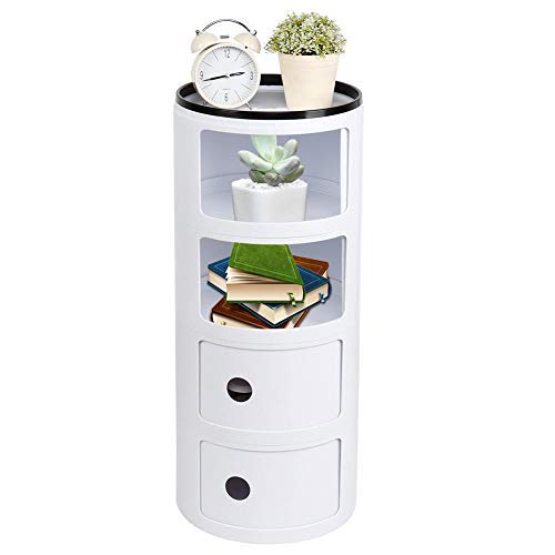 EBTOOLS Mesilla de Noche Redonda con 4 Espacio de Almacenamiento, Mesita de Noche Gabinetes de Almacenaje Casillero Modular Multifunciona, Color Blanco