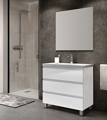 EL ALMACEN DEL PROFESIONAL Juego de Mueble de Baño Modelo Noruega Resina, Conjunto formado por Mueble de Baño Lacado en Blanco Ancho 80cm, Lavabo de Resina y Espejo a Juego