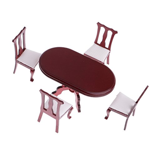 Escala 1/12 Mesa con 4 Sillas de Comedor Muebles de Madera en Miniatura Accesorio de Dollhouse