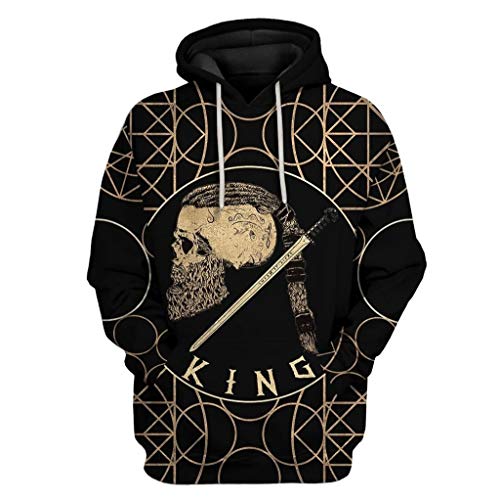 Fandao Sudadera con Capucha con Estampado de Calavera Vikinga, Impresión Digital Pirata Nórdica en 3D, la Nueva Pullover, Camiseta de Manga Larga Universal para Primavera, Otoño E Invierno,H,M