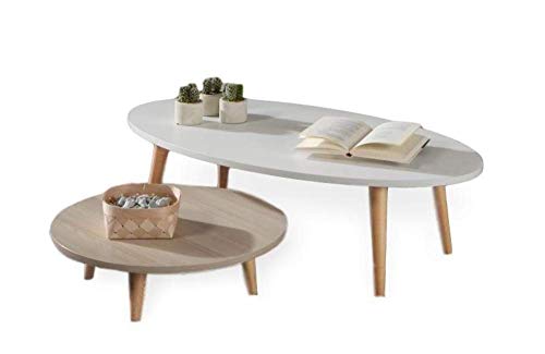 FLENDIT HOME-Nordik Collec. Set de mesas de centro estilo Nórdico. Compuesto por una mesa de centro ovalada color blanco y otra redonda en roble y patas madera maciza de Haya 100 % natural.