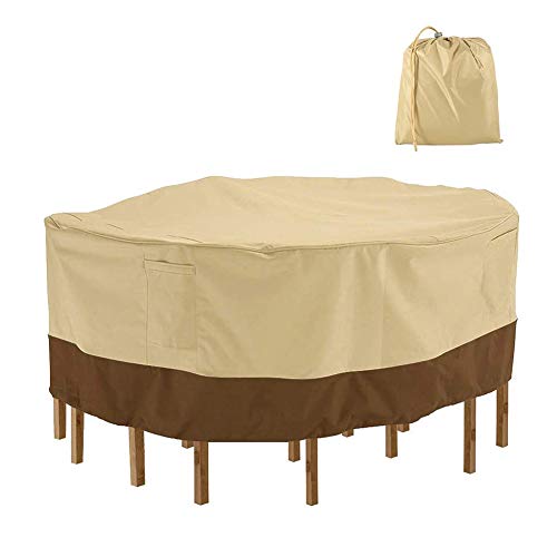 Funda Mesa Redonda Jardín Funda Muebles Patio Terraza Impermeable Tela Oxford Resistente al Desgarro, Exterior Cubiertas UV Jardín Mesa Funda Transpirable Circular Mesa y Silla Refugio ,Beige,178×58CM