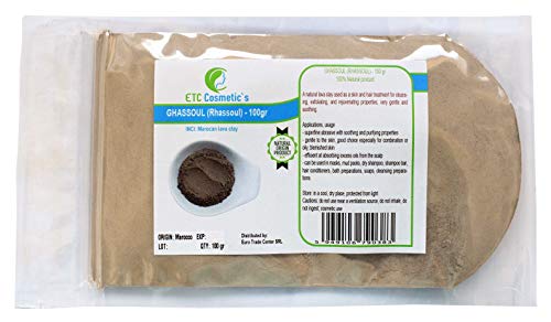 Ghassoul (Rhassoul clay) 100 g: una arcilla de lava natural utilizada como tratamiento para la piel y el cabello para la limpieza, exfoliación, muy suave y calmante.