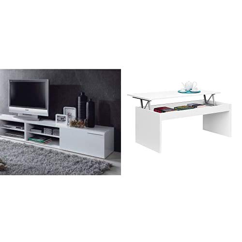 Habitdesign 006670BO Modulo de Comedor, Mueble TV Kikua, modulo Acabado en Blanco Brillo, Medidas: 35 x 130 x 42 cm + Mesa de Centro elevable, mesita Mueble Salon Comedor, Blanco Brillo