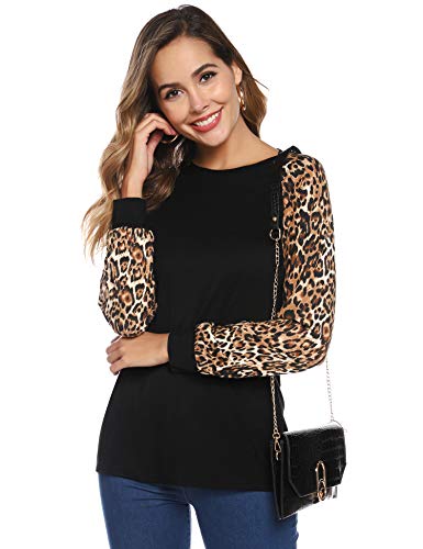 Hawiton Camisetas de Mujer Leopardo, cómoda Camiseta de Matorral, Elegantes Manga Larga Cuello Redondo Ajustado Camisas otoño Invierno