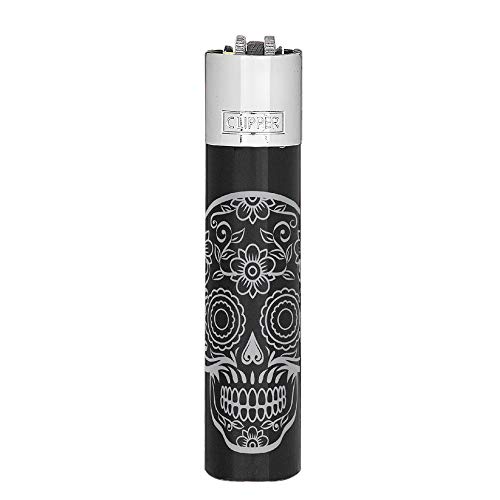 HIBRON Pack de Clipper 1 Encendedor Mechero Clásico Largo Metal Plateado con Diseño Mex Skulls + 1 Llavero de Regalo