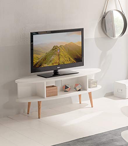 Hogar24-Mesa televisión, Mueble TV salón diseño Vintage con estantes Acabado Madera DM Lacado Blanco y Patas Madera Maciza Natural. Medidas: 120 x 40 x 49 cm.