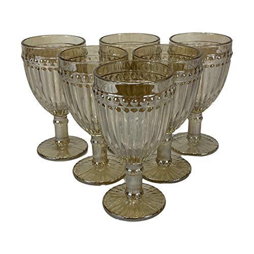 Homevibes Juego de 6 Copas De Vino con Relieve, Capacidad 330ml, Medida 8x16.5, Diseño Retro, Cristaleria De Calidad (Cristal Beige)