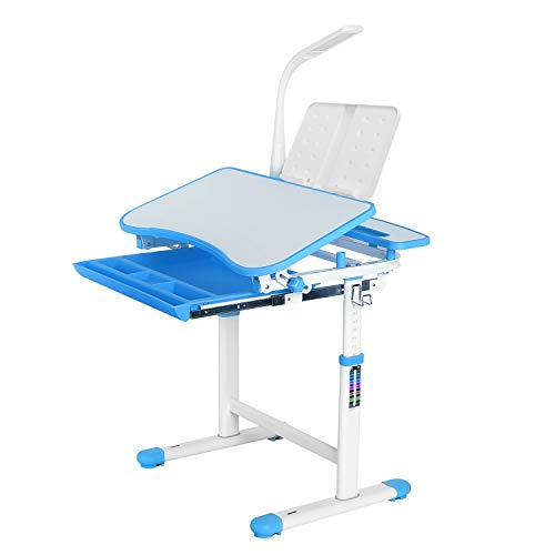 Homfa Escritorio Infantil Escritorio para Niños con Mesa de Madera Inclinable Lámpara LED Táctil y Soporte de Lectura Altura Ajustable para Habitación Infantil Estudio Azul 70x53x76cm