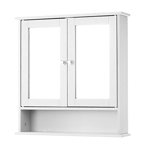 IKAYAA Armario de Baño Organizador 3-Niveles Armario de Pared con 2 Puertas y Espejos Color Blanco (56 * 13 * 58 cm)