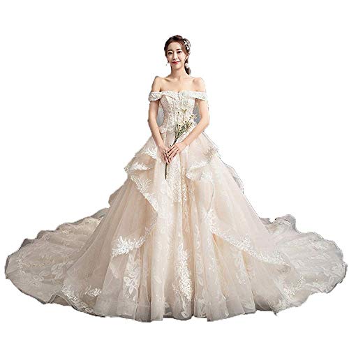 Inicio Accesorios Vestito Da Sposa Mujeres Fuera del Hombro Abalorios Apliques de Encaje Tren Largo Vestido de Novia Vestido con Cordones Espalda Elegante Vestido Largo de Novia Fiesta Formal Vesti