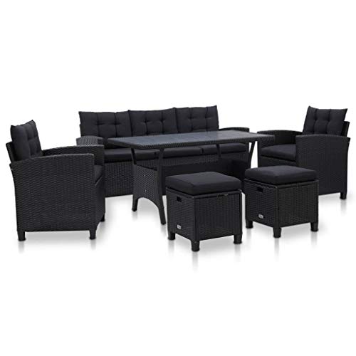 Juego de 6 muebles de comedor de jardín de polirratán negro, 1 mesa + 1 sofá de 3 plazas + 2 sillones + 2 sillas + 5 cojines para el respaldo + 7 cojines para el asiento