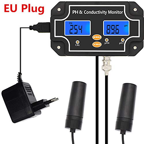 JZUO Medidor de conductividad PH/EC 2 en 1 pH/EC-2681 Monitor Digital Monitoreo Continuo de la Calidad del Agua Monitor de Doble Pantalla 40% de Descuento-A