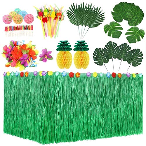 KAHEIGN 107Piezas Juego de Decoración de Fiesta Hawaiana Luau, Falda de Mesa Hawaiana de 9 Pies 3 Estilos Hojas de Palma Flores Hawaianas Tejido Piña Paraguas Multicolores Pajitas de Frutas 3D