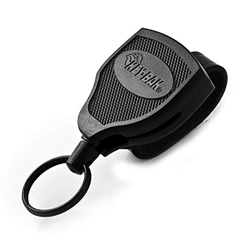 KEY-BAK #SUPER 48 (S48-SDLEK) Locking Retractable Reel, 36 Inch (91.4 cm) Kevlar Cord, Black Case, 2.25 inch (5.7 cm) Leather Loop, 13 Ounce Retraction, Split Ring