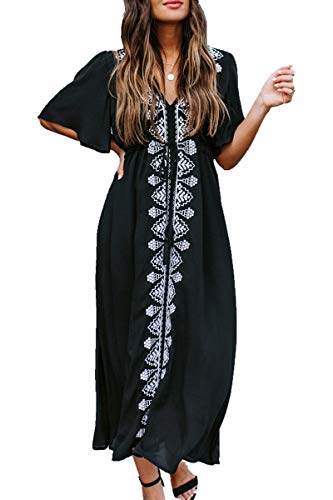 L-Peach Kaftan Vestido Largo de Playa Mujer, Negro Estampado, Talla Ãºnica