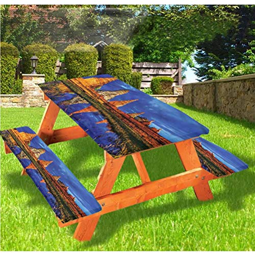 LEWIS FRANKLIN cortina de ducha para mesa de picnic y bancos, mantel de piedra con borde elástico ajustable, 60 x 72 pulgadas, juego de 3 piezas para viajes, Navidad, pícnics, fiestas al aire libre