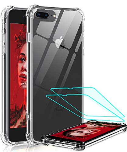 LeYi Funda iPhone 8 Plus / 7 Plus / 6 Plus con [2-Unidades Cristal Vidrio Templado], Cristal Transparente Shockproof Carcasa Ultra Silicona PC y TPU Slim Gel Bumper Cover Case para Movil 6 Plus,Clear