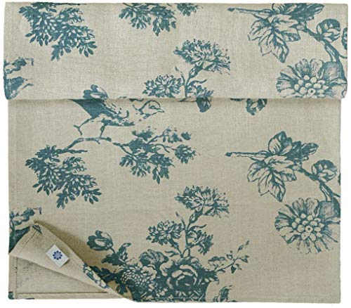 Linen & Cotton Camino de Mesa de Tejido Flores Diseño Floral - 100% Lino, Azul Beige Natural (40 x 180 cm) Decoración de Mesa de Madera Shabby Chic Vintage Rústico para el Hogar Sala de Estar Cabaña