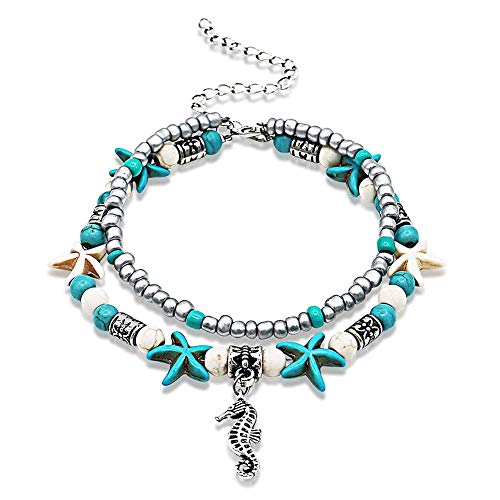 LucBuy Boho Tobilleras, Azul Estrella de Mar Tortuga de múltiples Capas del Encanto de los Granos Playa Hecha a Mano Tobilleras Joyería del pie Regalos para Mujeres niñas (Caballito de mar)