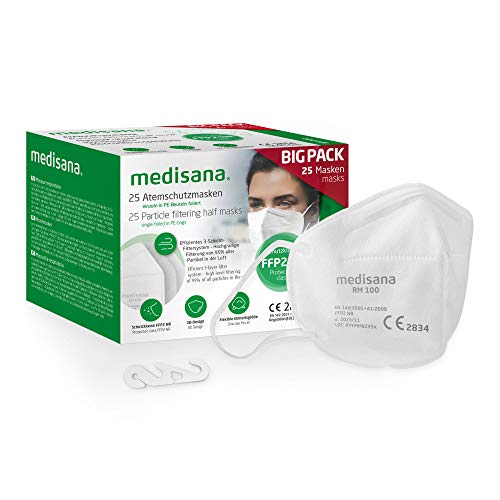 Medisana FFP2/KN95 25x Mascarilla de Protección Persona, Mascara antipolvo, RM 100, protección bucal de 3 capas, Máscara facial en una bolsa de PE - certificada CE 2834 - UE 2016/425