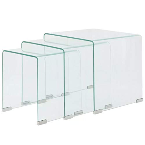 mewmewcat Set de 3 Multifuncional Mesas de Centro Apilables Nido de Salón Mesa de Cristal Mesita de Noche Mesa de Café Mesa Auxiliar de Vidrio de Seguridad Templado Claro