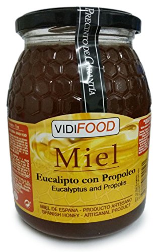 Miel de Eucalipto con Propóleo - 1kg - Producida en España - Mejora tus defensas y tu sistema circulatorio - Alta Calidad - Aroma Amaderado Intenso, Sabor Rico y Dulce