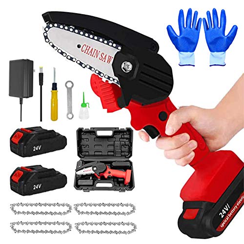 Mini Motosierra De Mano Sierra De Cadena EléCtrica PortáTil De 4 Pulgadas Motosierra De Tijeras De Podar De 24 V 500 W Con 2 BateríAs Y 4 Cadenas Para Cortar Madera De Patio,Red mini chainsaw