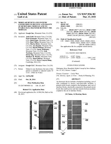 Modular devices and systems configured to receive a plurality of removable modules and to enable data transfer between the modules: United States Patent 9917936 (English Edition)