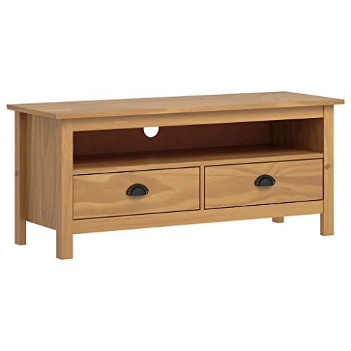Mueble bajo para TV de madera maciza de pino 110 x 40 x 47 cm Mueble para TV con 2 cajones y 1 compartimento para salón – Marrón miel