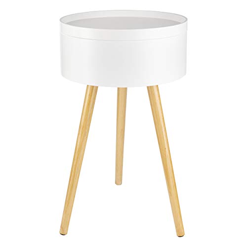 ONVAYA® Mesa auxiliar de madera, color blanco, madera, diámetro de 38 cm, mesa de centro redonda, mesita de noche de pino, espacio de almacenamiento y tapa extraíble, diseño escandinavo moderno